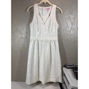 Lilly‎ Pulitzer White Fit Flare Dress Sleeveless Lace Pattern Litzia Mocean Sz 4